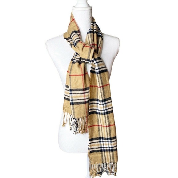 Cashmere Feel Accessories - Cashmere Feel Tartan Plaid Fringe Scarf Tan Soft Luxury. 12x64
